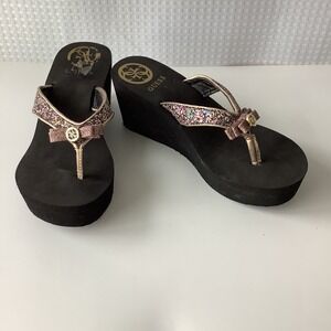Black Guess Saide Platform Sandals Thong Sparkle Strap w/ Bow 9M